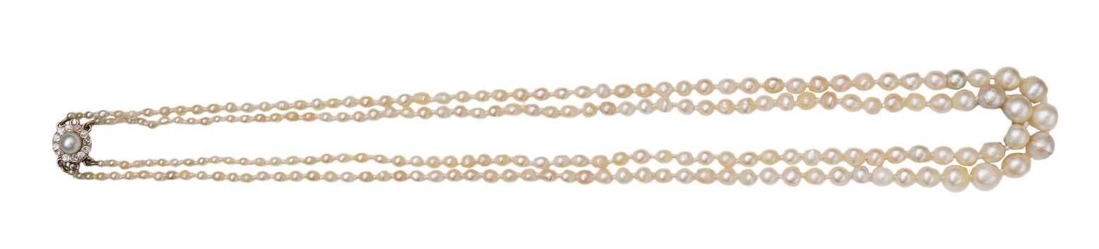 A natural pearl and diamond necklace, early 20th century